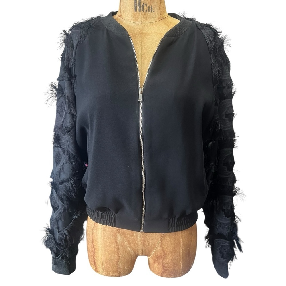 Zara Black Bomber Jacket with Feather Details NWOT M